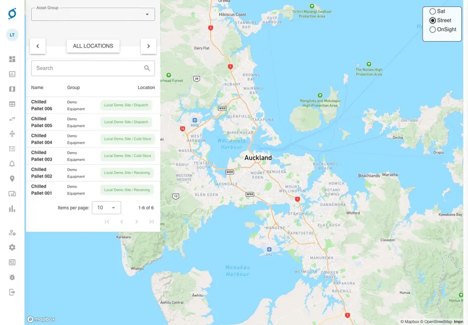 Command demo asset list showing chilled pallets assigned to Receiving, Cold Store and Dispatch locations beside a map