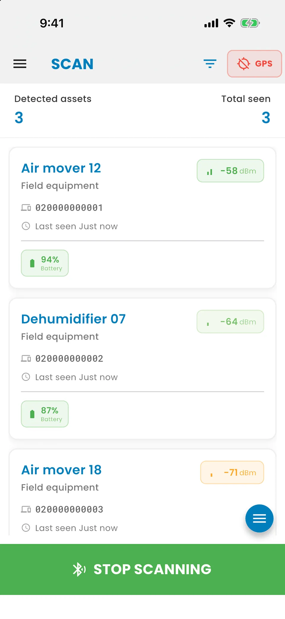 OnSight Mobile Gateway Scan screen on iPhone showing three detected assets, signal strength, battery readings and Stop scanning. Example data.